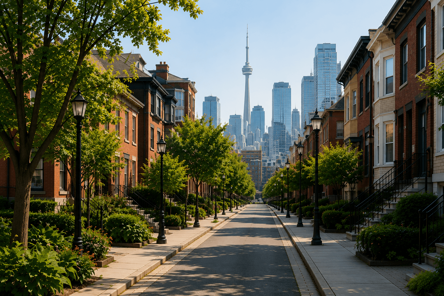 A tree-lined Toronto neighbourhood looking toward the city skyline