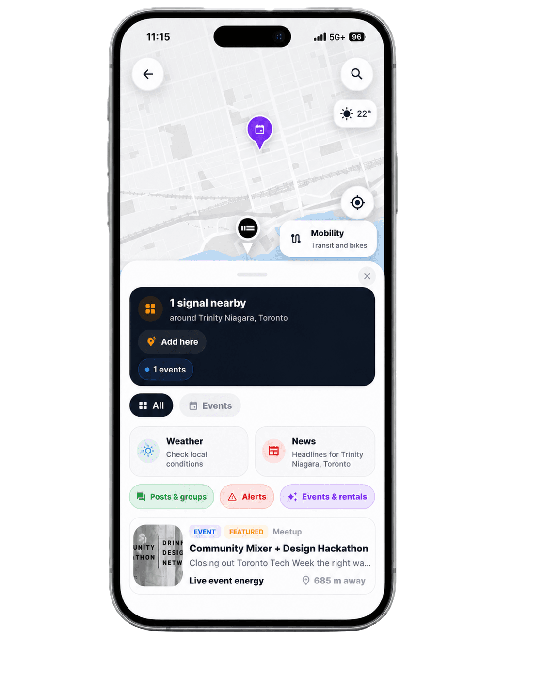 TWOROW community map showing local events, groups, and activity