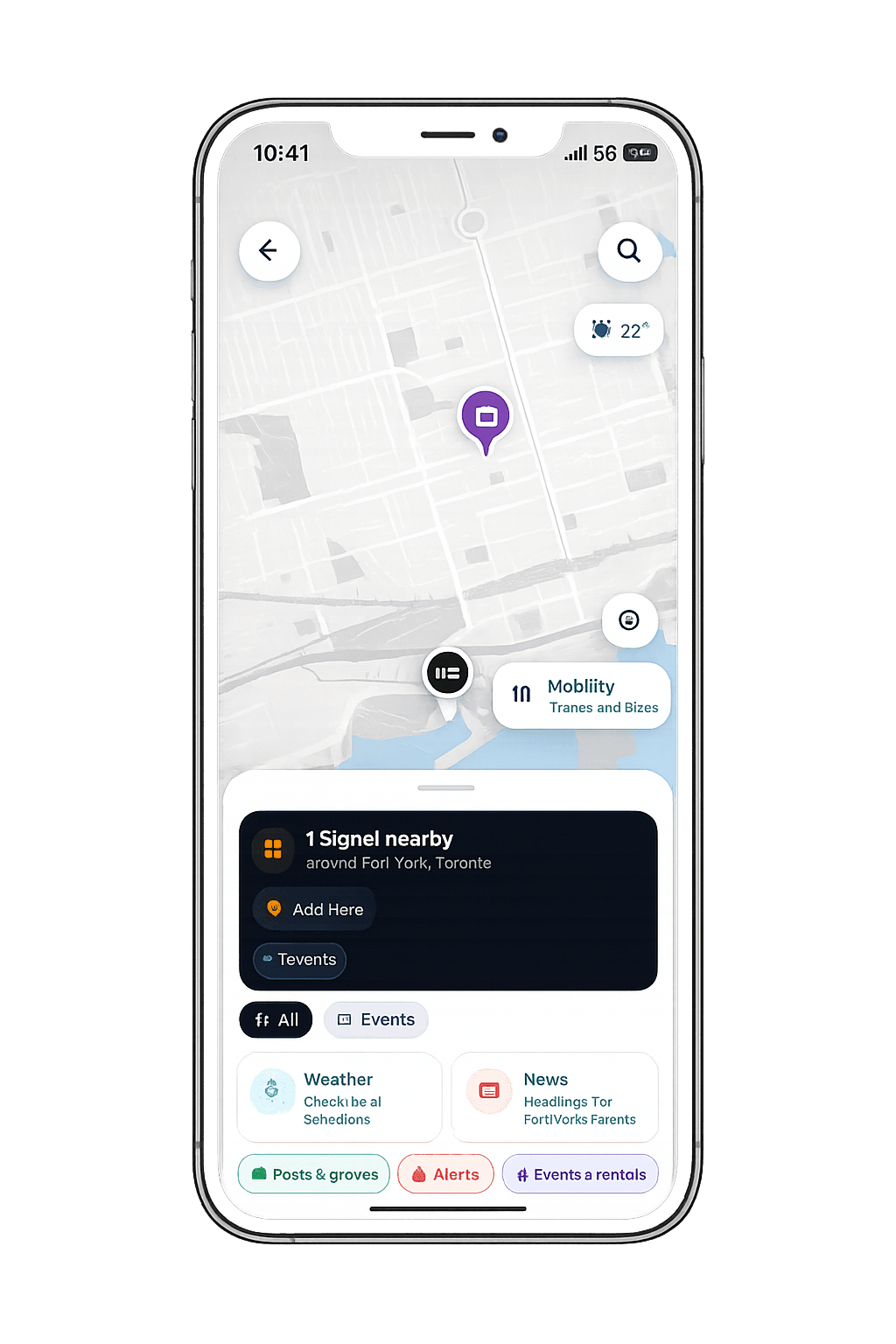 TWOROW map bringing together nearby events, weather, news, alerts, and shared items