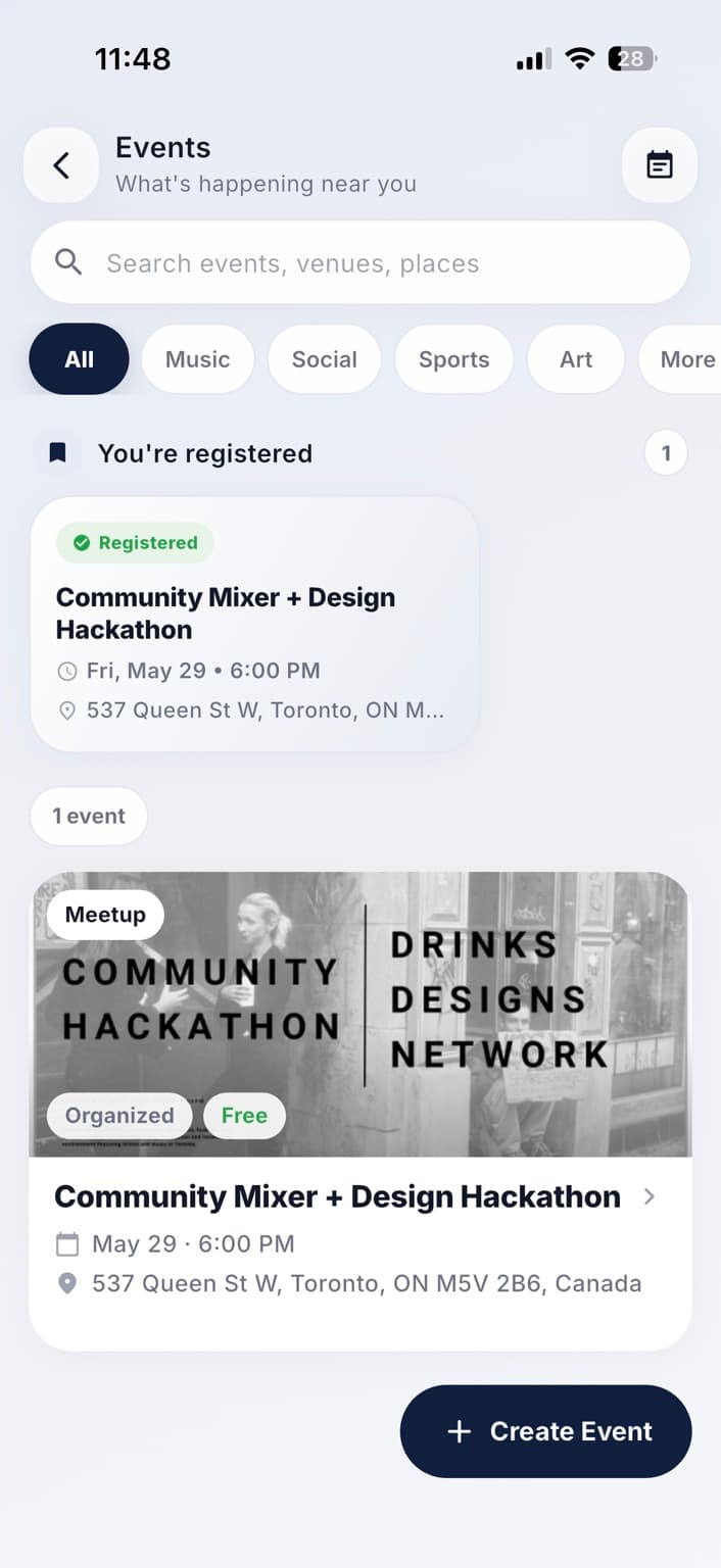 TWOROW events screen showing a nearby community meetup