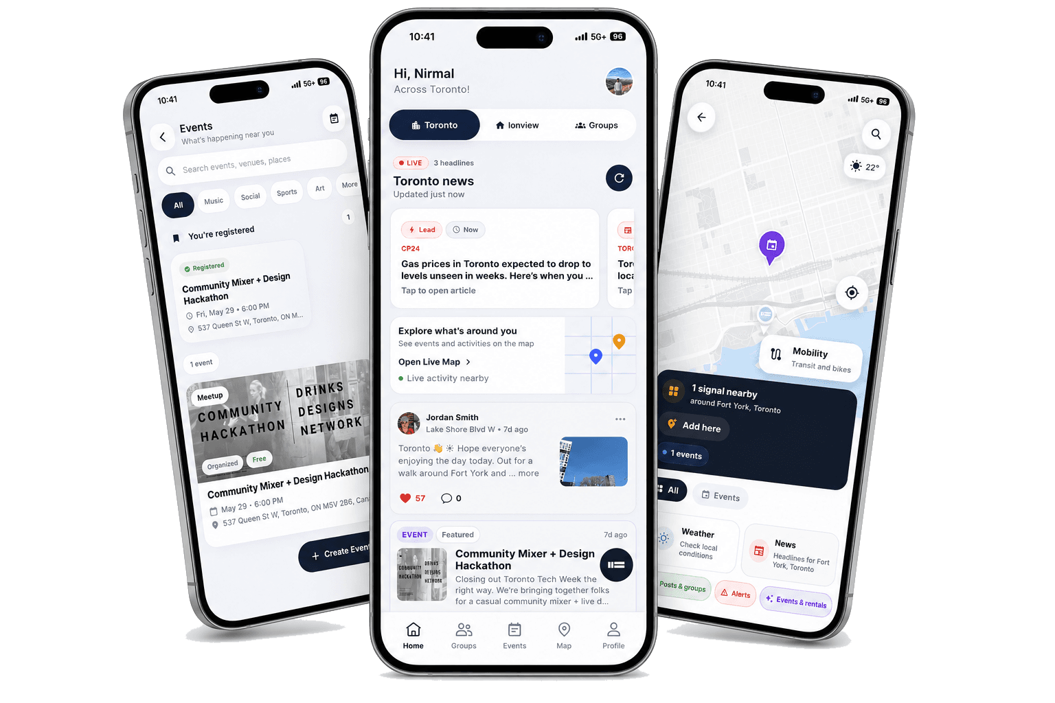 TWOROW app screens showing local feed, map discovery, and groups